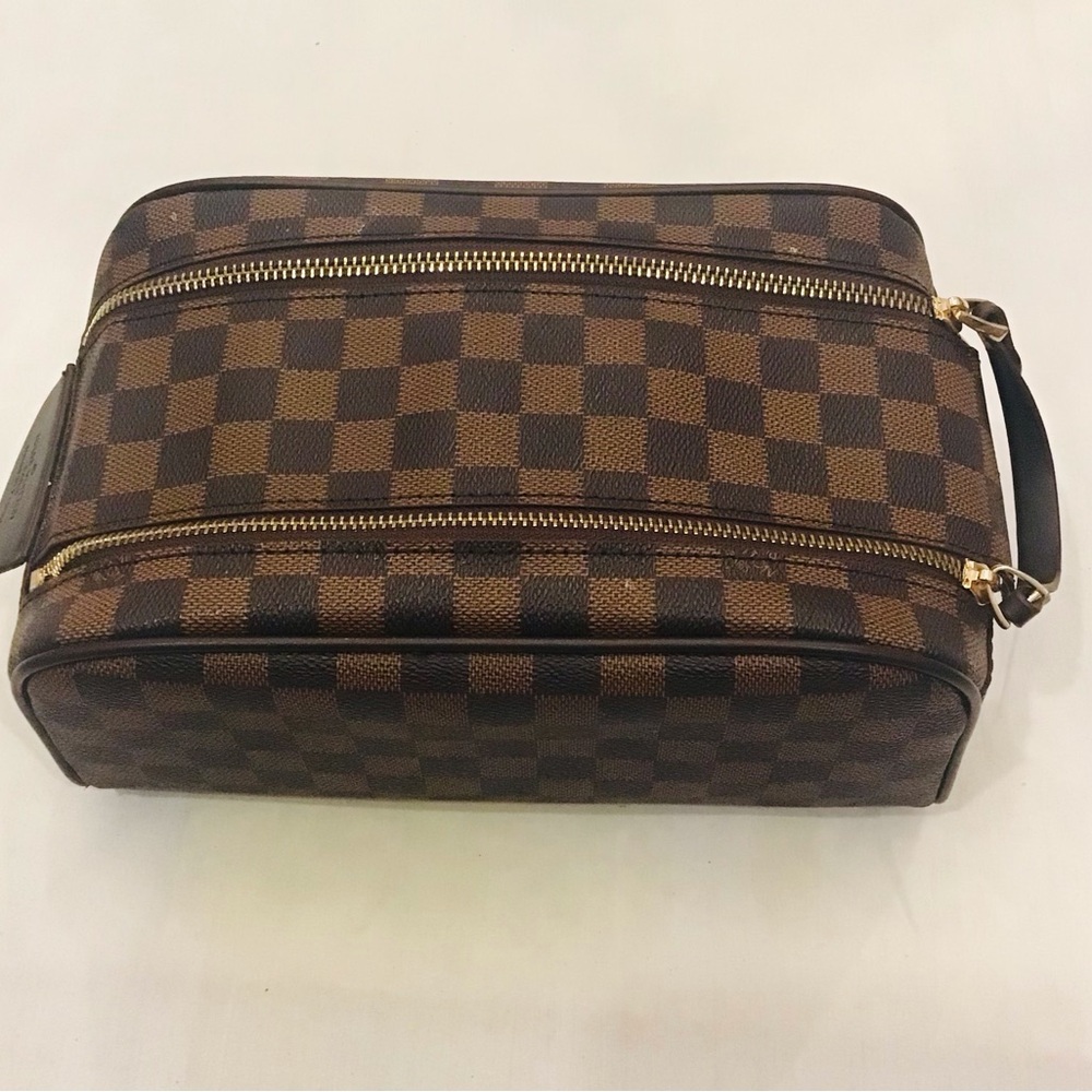 Checker-Pattern Men's Double-Zip Toiletry Bag - Brown